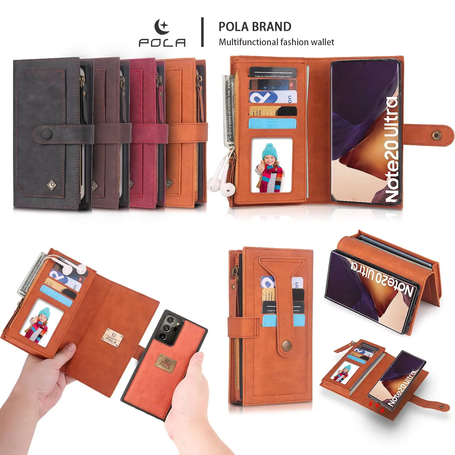 

POLA For Samsung Galaxy S10 S20 Plus S21 Ultra Note 20 10 Case Multifunction Zipper Business Leather Magnetic Wallet Split Cover