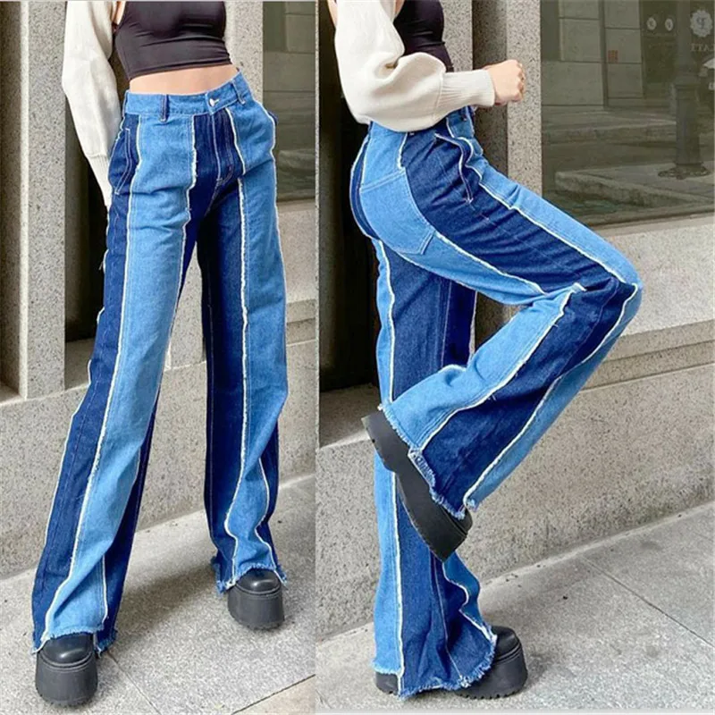 

2021 New hip hop autumn Blue/Pink patchwork Jeans women High waist Hip hop straight Jeans ladies trousers female denim for woman