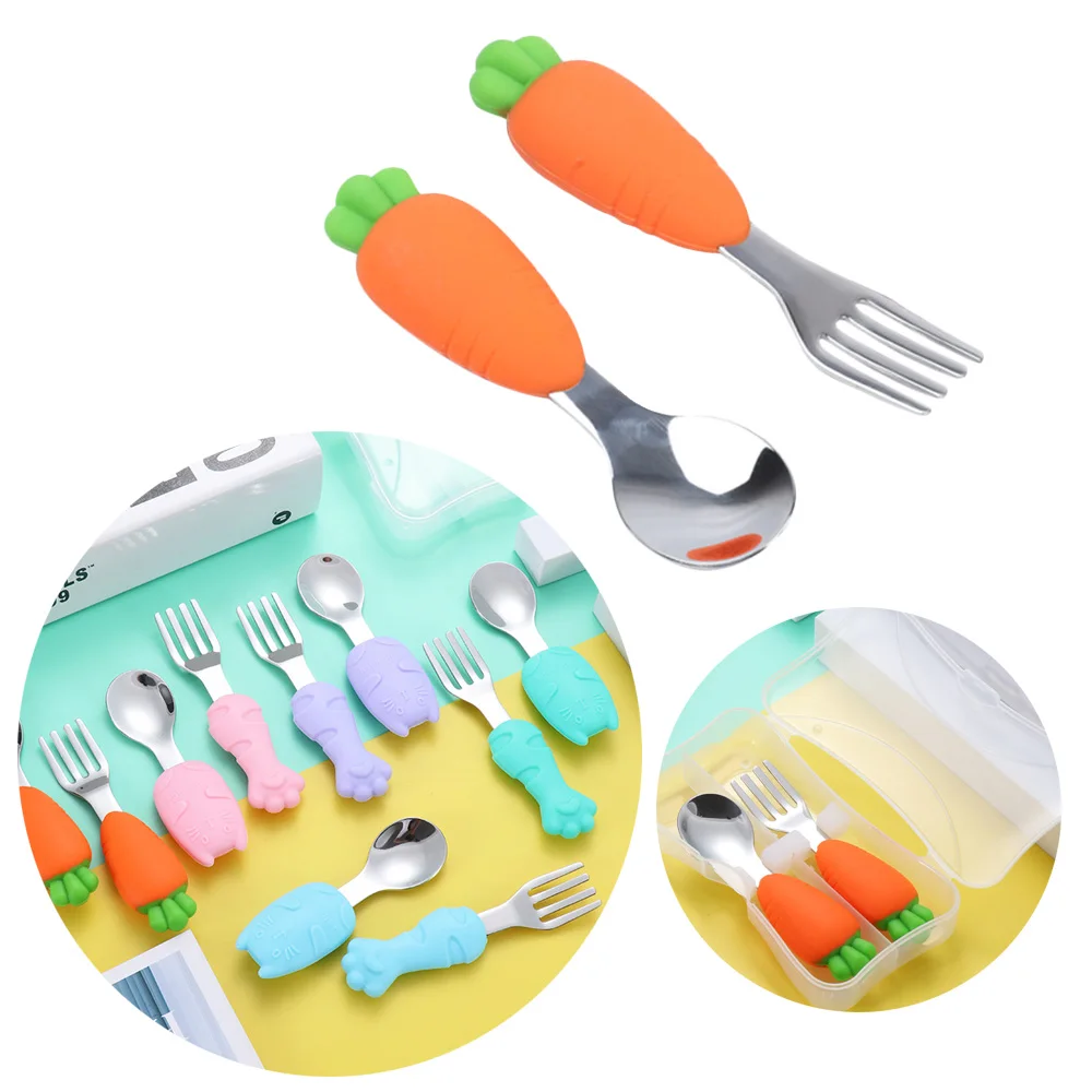 

Children Baby Spoon Fork Set Cartoon Silicone Stainless Kids Cutlery Baby Tableware Set Baby First Training Weaning for 6+ Mont