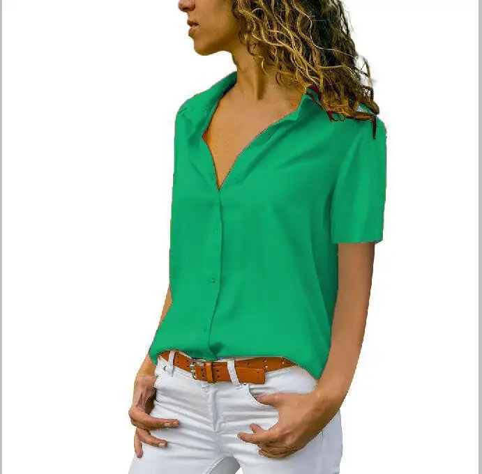 Однотонные шифоновые рубашки с коротким рукавом Офисная Женская летняя блузка