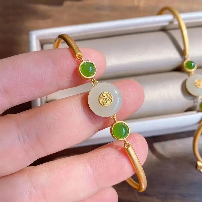 

Natural Hetian Jade Safety Buckle Bracelet Retro Women's Chinese Style Court Fu Character Bracelet Jewelry Women's Sterling Silv