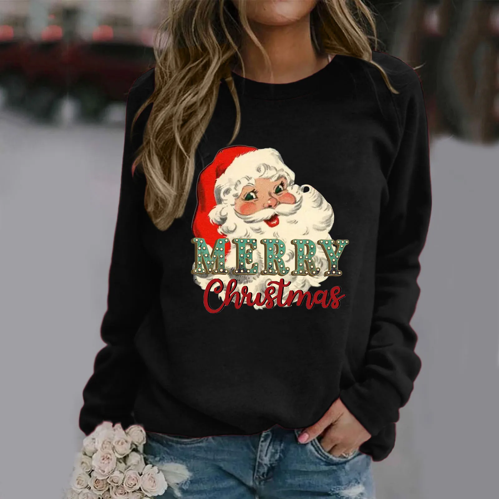 

Women Christmas Hoodies Winter Kawaii Santa Print Long-sleeved Sweatshirts Round Neck Fleece Warm Hoodie Casual Pullover Blouse
