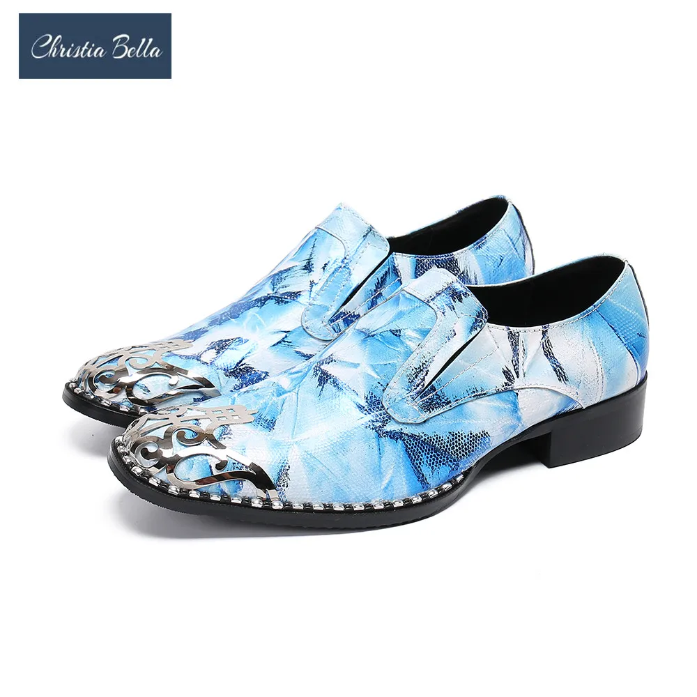 Модные синие мужские туфли из натуральной кожи металлические очаровательные