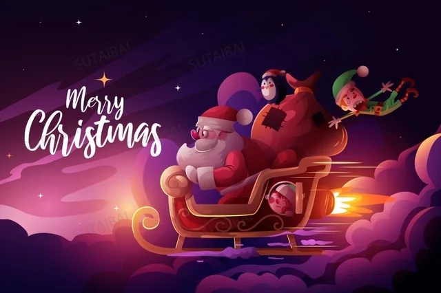 Merry Christmas Photography Background Child Poster Photo Santa Penguin Gifts Sleigh Flying Starry Sky Backdrop Decorate Props