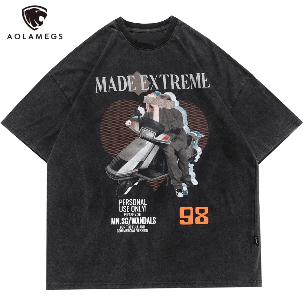 

Aolamegs Retro Vaporwave Couple Letter Print Oversized T-shirt Men High Street Style Streetwear Black Distressed Tee Tops Summer