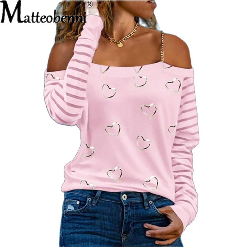 2021 Autumn New Love Heart Printing T-Shirt Sexy Off Shoulder Long-Sleeve T-Shirt Casual Slim Pullover Women's Tops