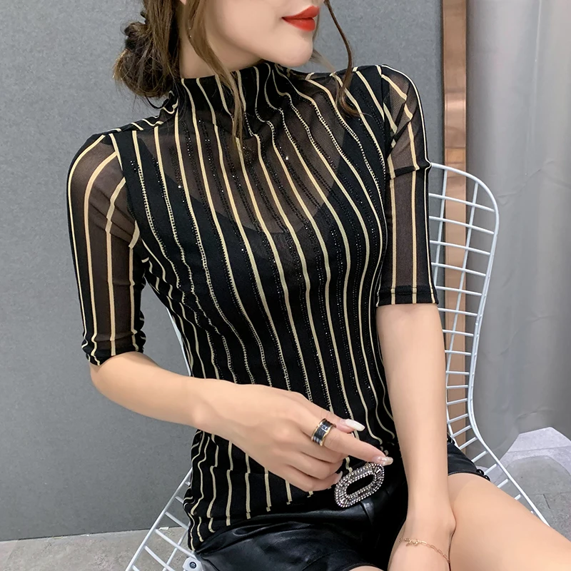 

Autumn in new half high collar sleeve stripe net yarn hot female fashion cultivate one's morality render drill T-shirt unlined