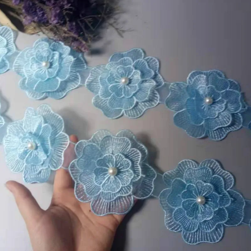 

2 Yard Blue 10CM Pearl Flower Soluble Wedding Lace Trim Knitting Embroidered Handmade Patchwork Ribbon Sewing Supplies Craft