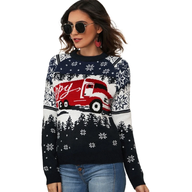 

Women Ugly Christmas Long Sleeve Sweater Truck Snowflake Tree Jacquard Pullover Tops Round Neck Causal Loose Holiday Jumper Shir