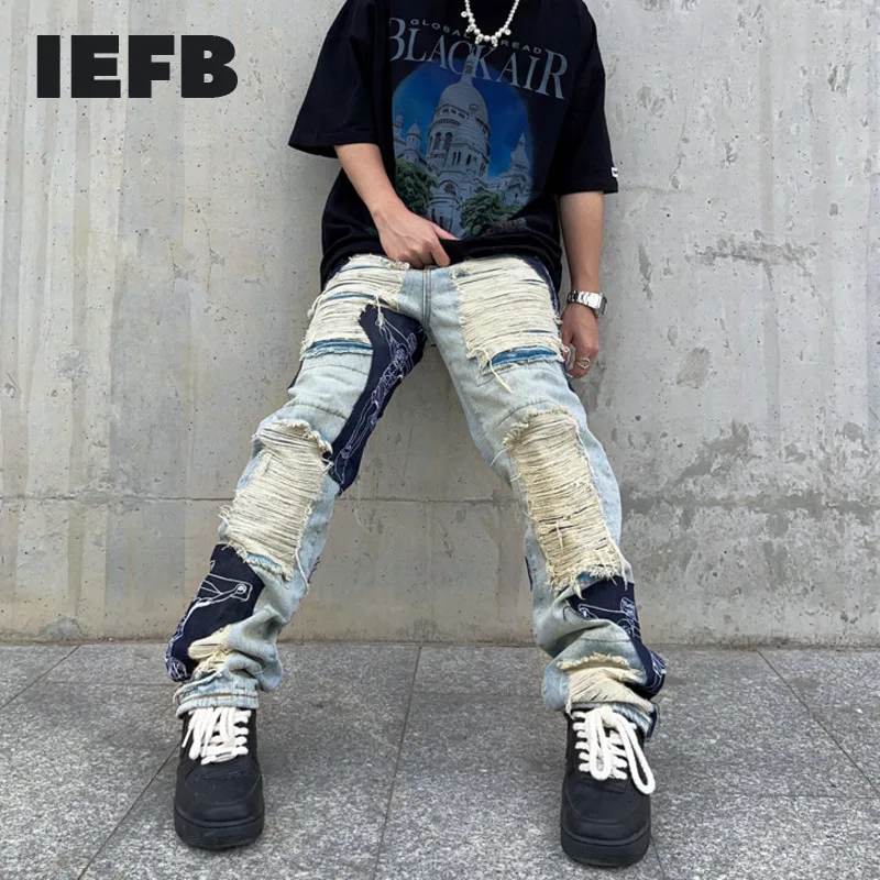 Джинсы IEFB мужские с бахромой уличная одежда вышивкой мешковатые брюки из денима
