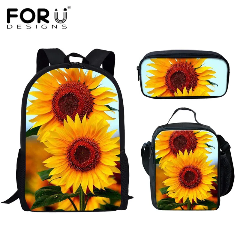 FORUDESIGNS/детские школьные сумки с 3D принтом в виде подсолнухов для девочек; повседневные школьные сумки; чехол для обеда; Сумка-карандаш; Детский рюкзак; 3 шт
