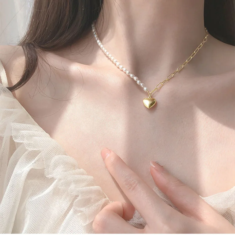 

New Half Pearl Half Chain Love Pendant Necklace Female Temperament Simple Elegant Clavicle Chain