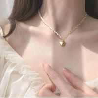 new half pearl half chain love pendant necklace female temperament simple elegant clavicle chain