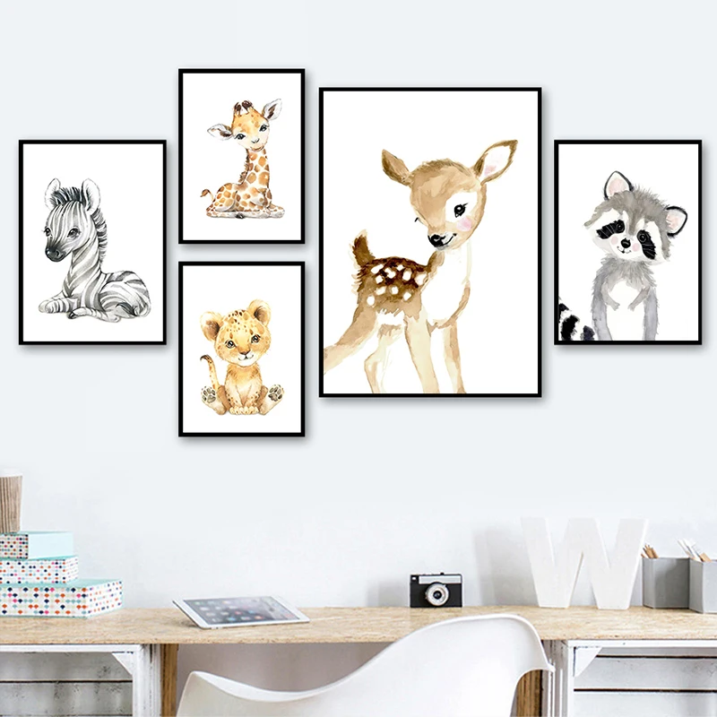 

Nordic Cartoon Animals Canvas Painting Cute Zebra Giraffe Lion Elephant Posters and Prints Nursery Children Room Wall Art Decor