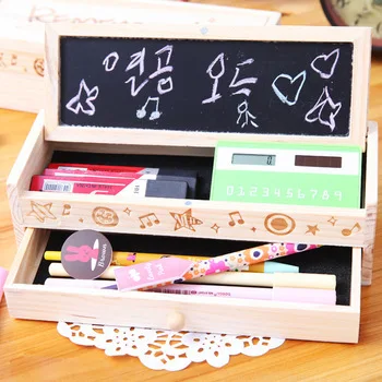

free shipping Wool pencil box stationery box large capacity brief wooden pencil case wooden case