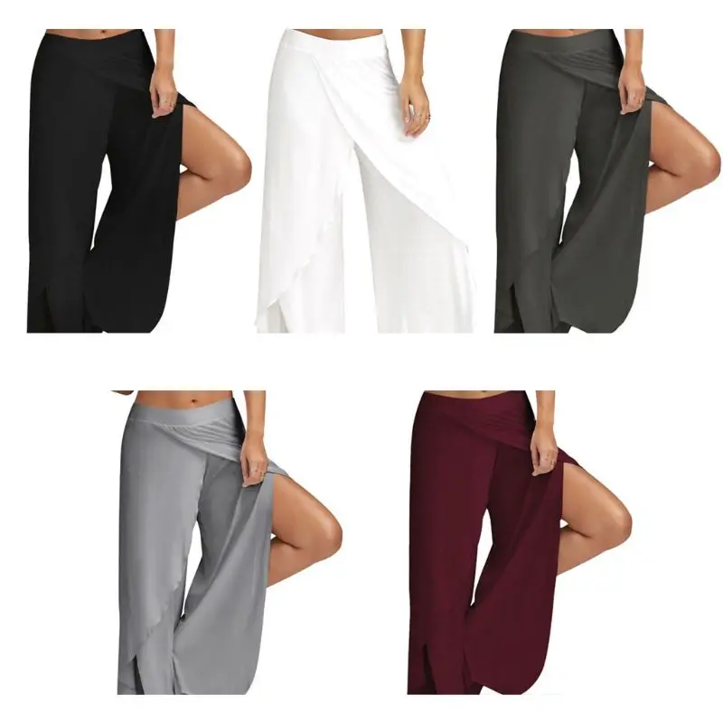 

Womens Plus Size Wide Leg Cropped Pants Sexy High Split Flowy Wrap Layered Yoga Palazzo Trousers Casual Baggy Workout Loungewear