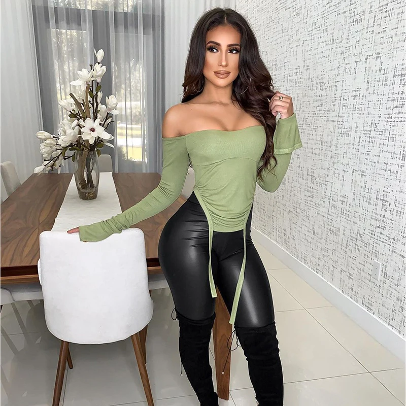 2021 Мода весна осень женский топ футболка с длинным рукавом сексуальные трендовые