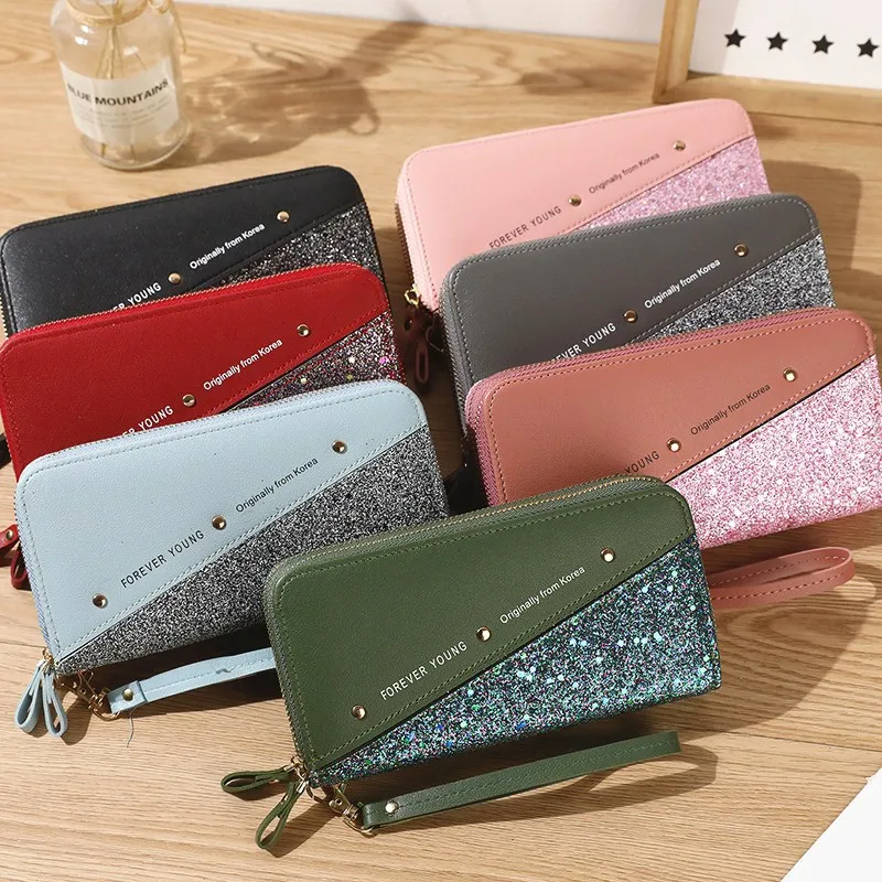 

Ladies Double Zipper Letter Long Wallet Sequin Stitching Large Capacity Mobile Phone Bag Rivet Decoration Money Clip Coin Purse