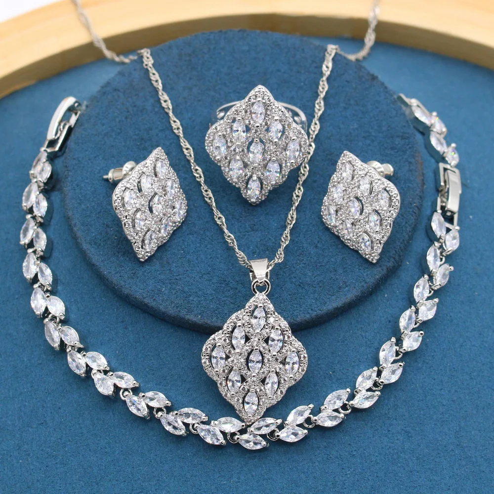 

White Zirconia Silver Color Jewelry Sets for Women Wedding Marquise Cut Bracelet Stud Earrings Necklace Ring Party Gift Box