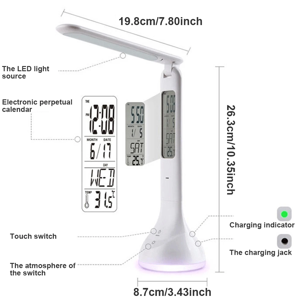 

LED Table Lamp Foldable Reading Light Smart Table Light with Digital Display Perennial Calendar Alarm Clock Temperature White