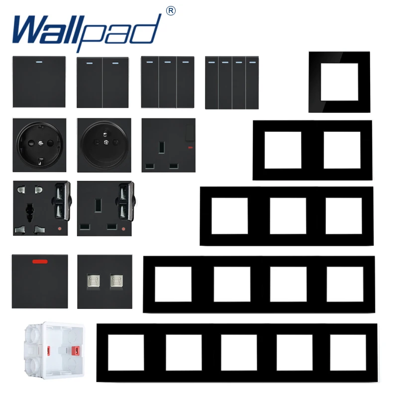 

S6 Black Glass Sockets and Switches 220V DIY Electrical Wall Plugs Button Light Switch Power Outlet Built-in Socket DIY Wallpad