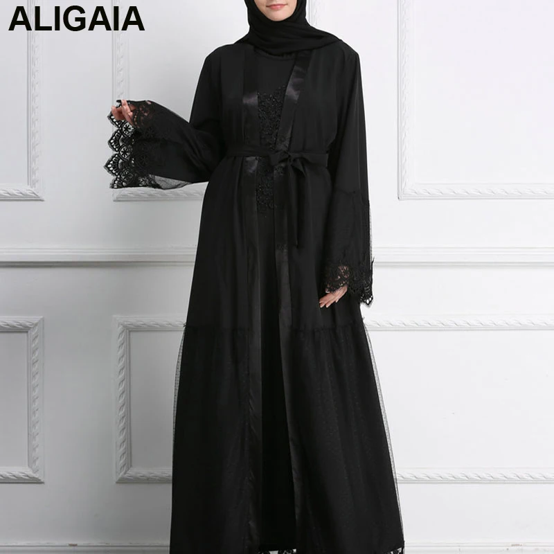 

New Muslim Fashion Casual Open Solid Color O Neck Long Sleeved Cardigan Lace Robe Middle East Dubai Dress(With Belt)