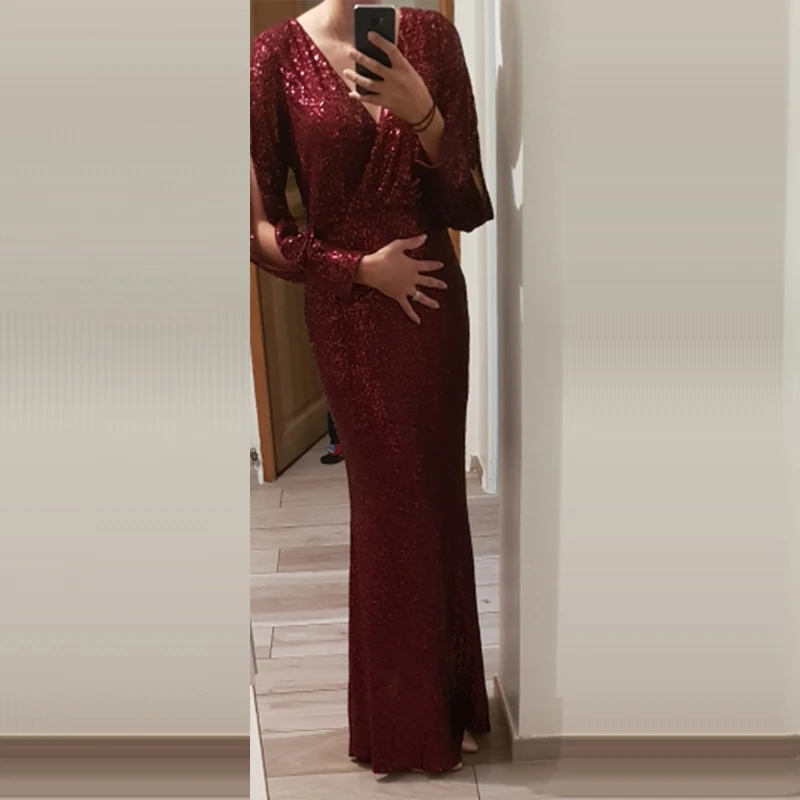 Вечернее платье, длинное, расшитое блестками, элегантное, Robe De Soiree, сексуальное, с глубоким v-образным вырезом, с разрезом, торжественное платье, полный рукав, вечернее платье LT008