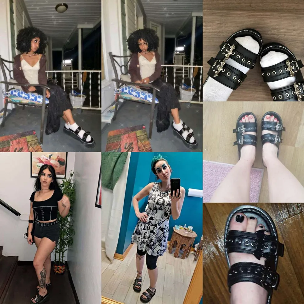 Sorphio Summer 2023 Double Strap Buckles  Platform Wedges Fashion Goth Slippers Hot Women's Metal Sandal For Comfy  Black Shoes