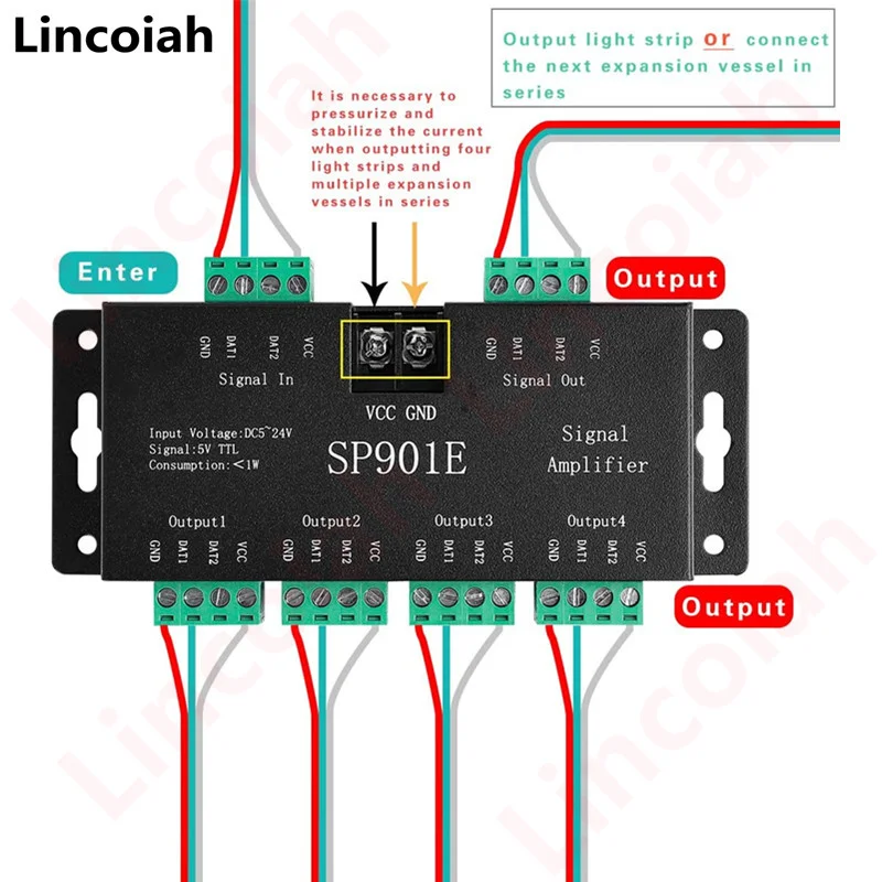 SP901E SPI усилитель сигнала ретранслятор для WS2812B WS2811 WS2813 RGB Адресуемая светодиодная