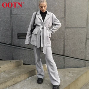 Женский офисный костюм OOTN, серый шерстяной пиджак с длинным рукавом, осенний комплект со штанами-клеш, зимний теплый свободный винтажный Женский комплект из двух предметов