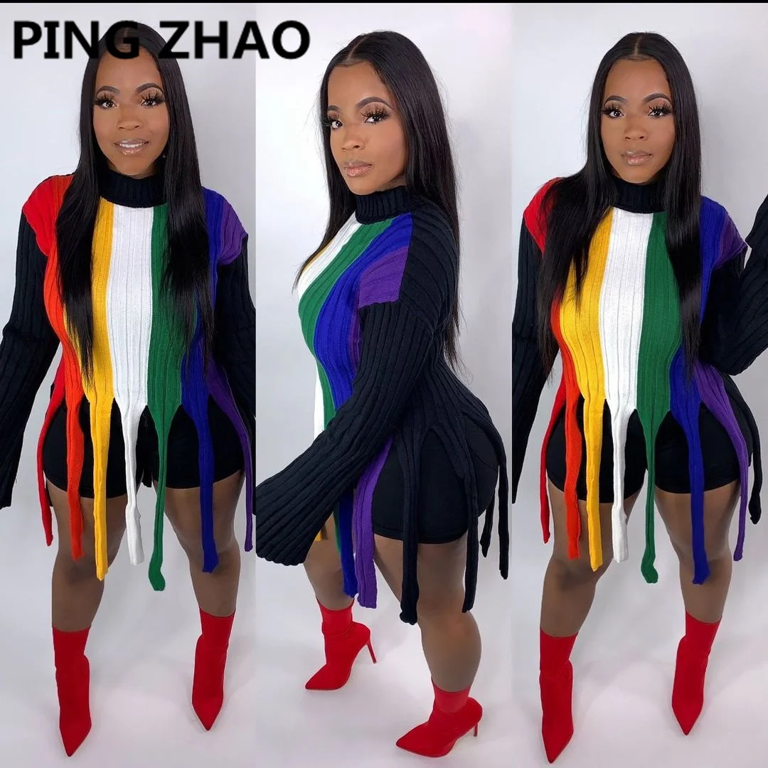 

PING ZHAO Women's Striped Knitted Pullovers Sweater Autumn Winter Long Sleeve Casual Loose Sweaters 2021 Ladies Top
