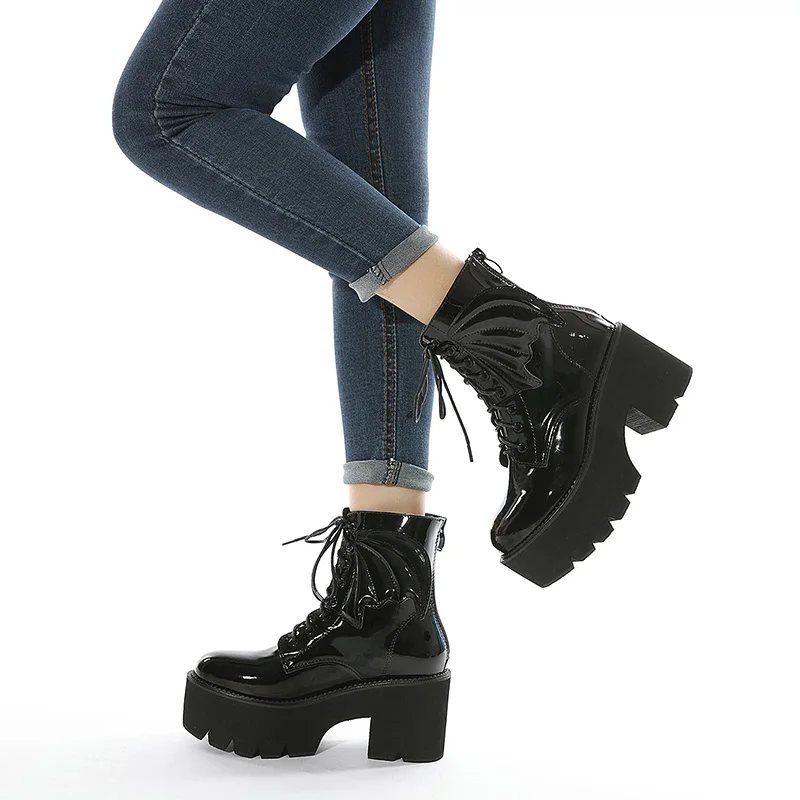 

2021 New Autumn Winter Elf Wing Women Motorcycle Boots Platform Wedges High Heels Punk Short Boots Chunky Shoes