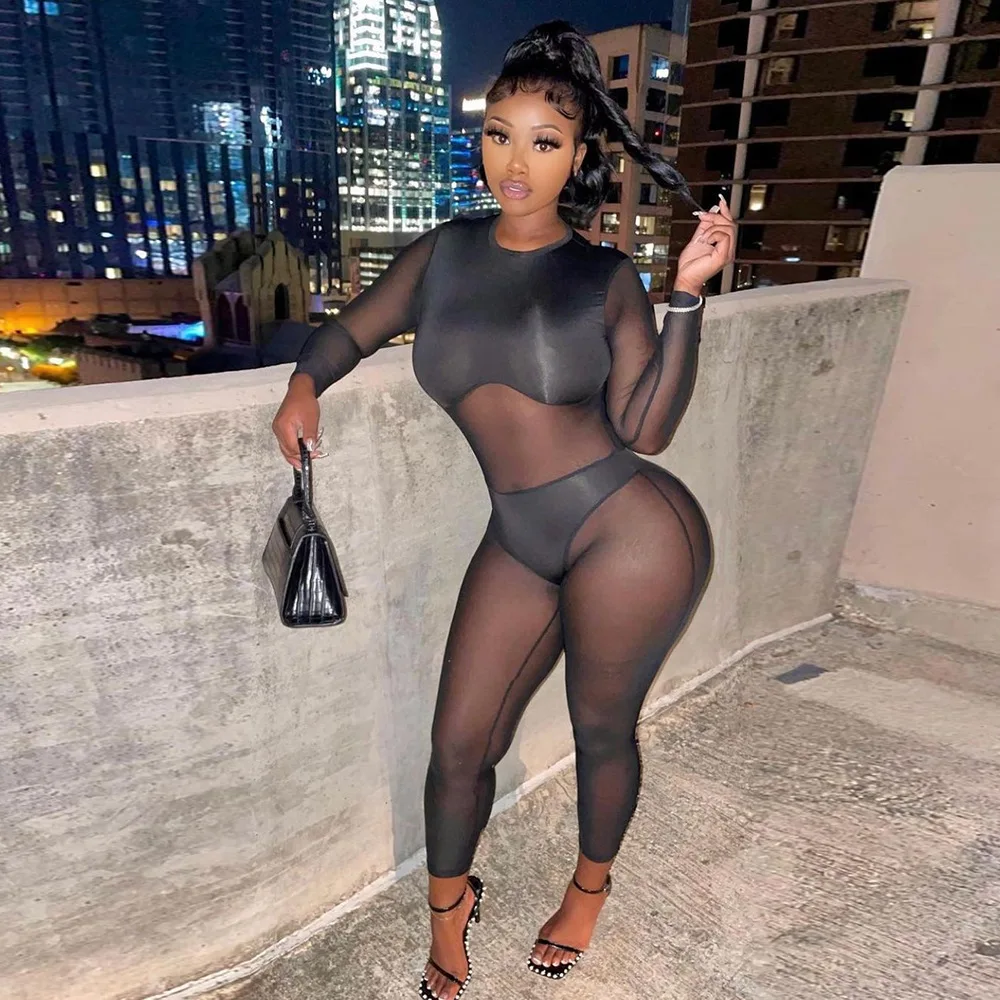 

Women's autumn and winter new style mesh see-through long-sleeved round neck sexy fashion jumpsuit