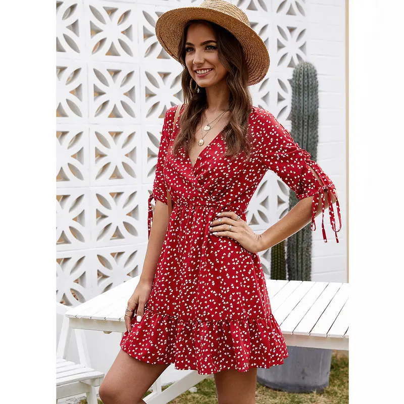 Женское платье в горошек с V образным вырезом и полурукавом|Женские платья| |