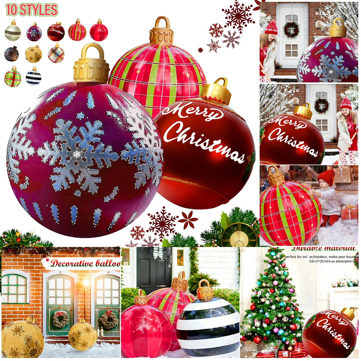 

60cm Christmas Inflatable Ball Xmas Tree Outdoor Yard PVC Giant Colorful Pattern Ball Decor for 2022 Home Warm Festive Gifts