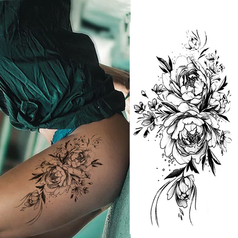 3D Big Rose Peony Flower Girls Temporary Tattoos For Women Waterproof Black Tattoo Stickers Blossom Lady Shoulder Fake Tatoos