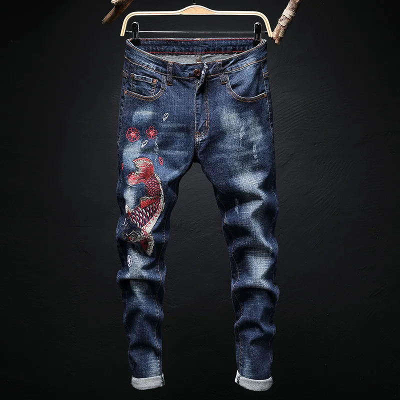 

CNUUIKOOEK Men's New Style Straight-Cut Elasticity Jeans Blue Embroidered Carp Slim Fit Trousers