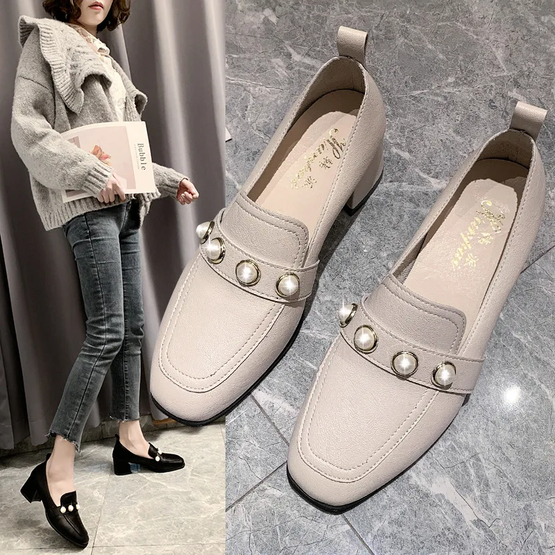 

Spring/autumn Women Pumps 2021 Square Toe Pearl Loafers Leather Shoes Women Office Career High Heels Black Heels 5cm High Heels