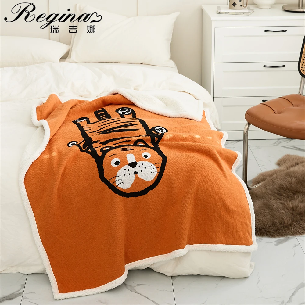 

REGINA Chinese New Year Of Tiger Blanket Cute Funny The Spring Festive Gift Winter Warm Children Cotton Knitted Sherpa Blanket