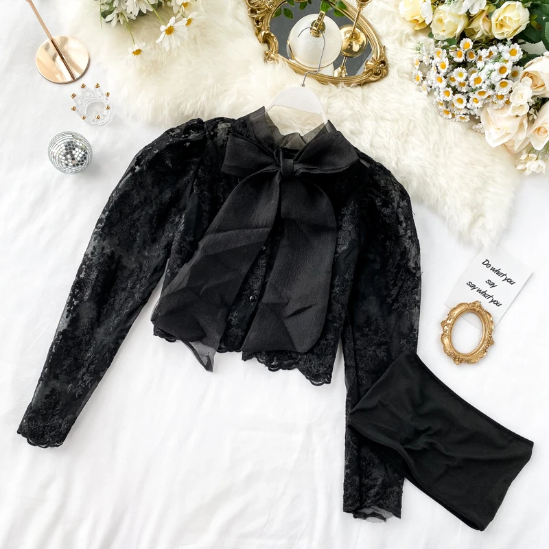 MUMUZI бандажная Сексуальная Блузка женская короткая рубашка из органзы с длинным