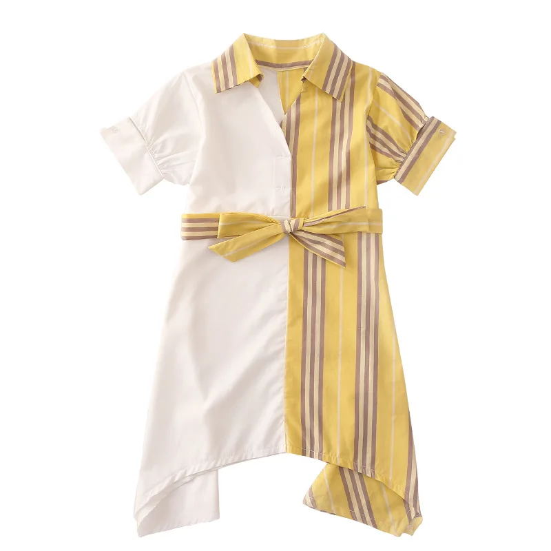 Girls Dress Short Sleeve Summer Kids Dresses for Girl Striped Patchwork Bow Children Princess Clothing 3-12Years | Детская одежда и