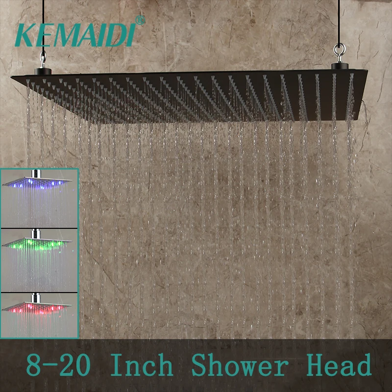 KEMAIDI  8~20 Inch Black LED Square Rain Stainless Steel Shower Head Ultrathin Choice Bathroom Wall & Ceiling Mounted