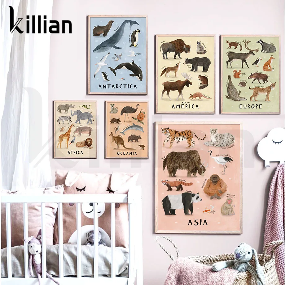 

Animals Nursery Antarctica America Europe Asia Africa Canvas Painting Wall Art Canvas Posters and Prints for Kids Room Decor