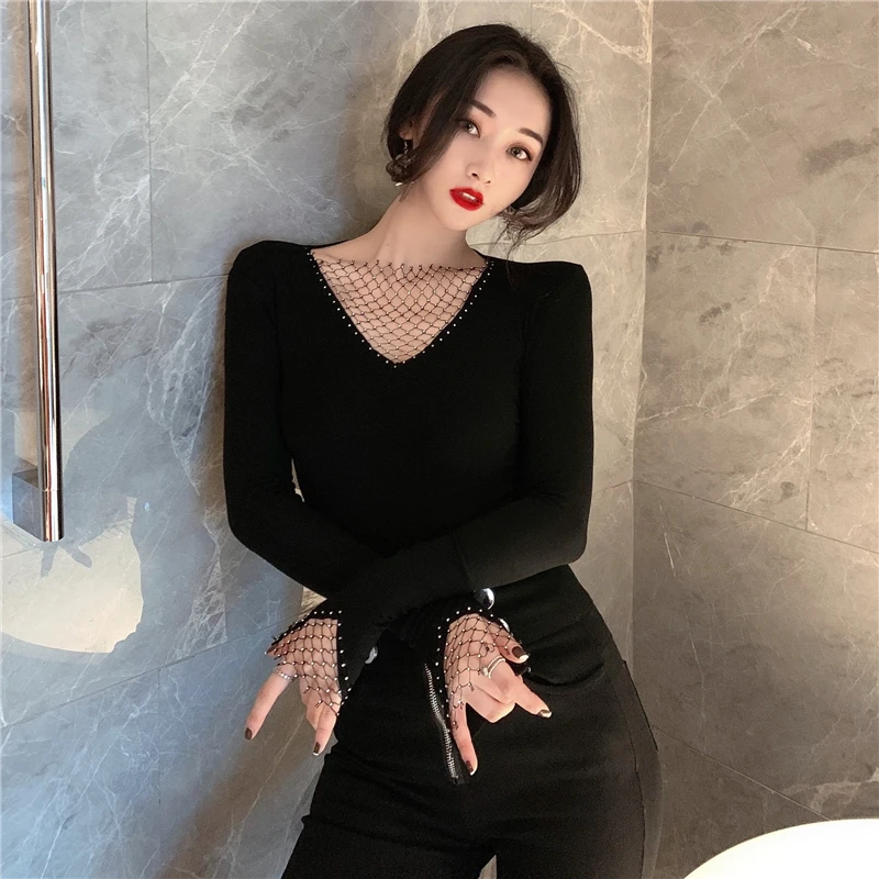 Chic Women Thin T-shirts Spring Long Sleeve Rhinestones Pullovers Femme Shiny Black Tops | Женская одежда