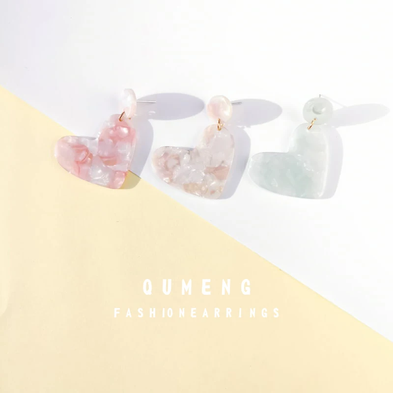 Женские серьги подвески QUMENG корейские в форме сердца из смолы и пластика с