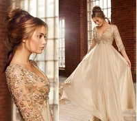 2018 sexy deep v neck half sleeves champagne chiffon long prom beaded lace formal evening gown mother of the bride dresses