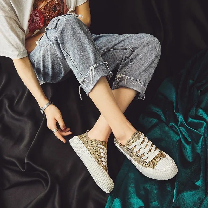 Женские кроссовки женские модные клетчатые Лоферы парусиновые туфли Mujer zapatilas