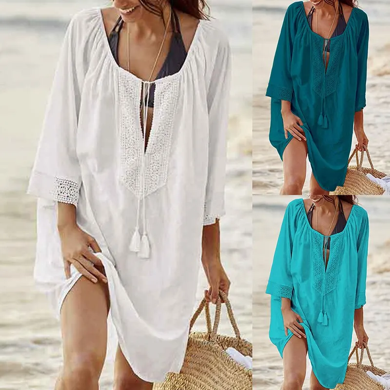 

Women Casual Loose Chiffon Beach Wear Summer Swimsuit Cover Up Swimwear Bathing Suits Mini Dress Solid Beach Shirts 2021