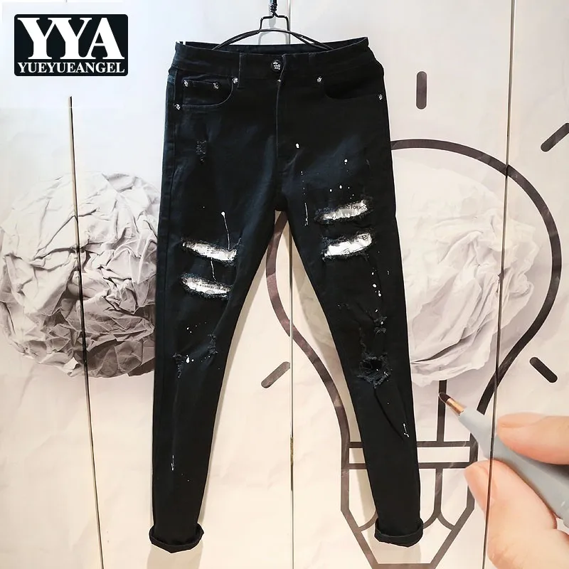 

Design Denim Trousers Men Personality Black Slim Hole Ripped Pencil Pants Spring Autumn New Casual Biker Zipper Jeans 28-36