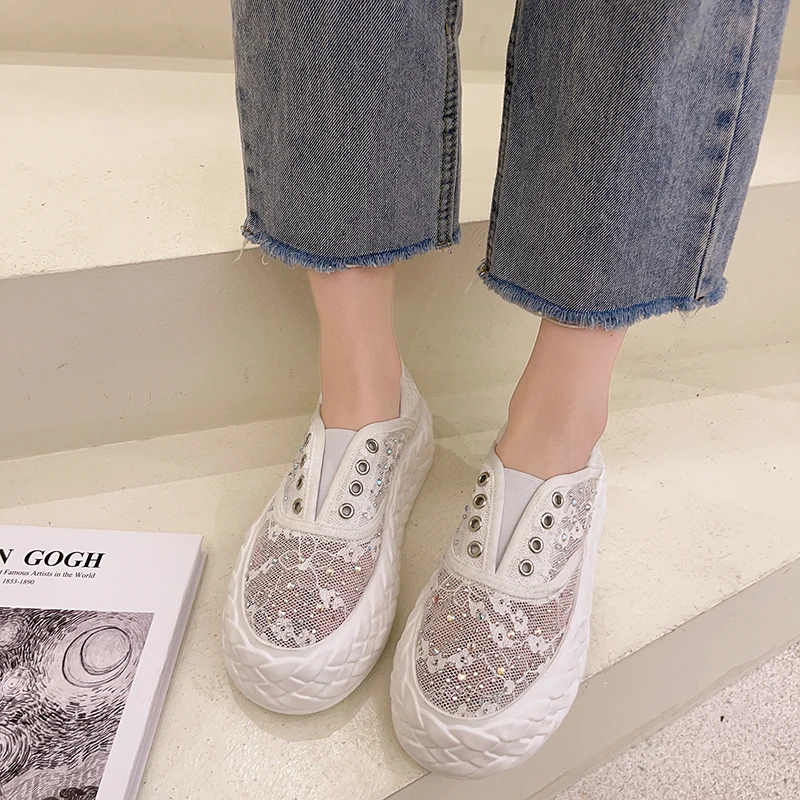 

Korean Shoes Slip-on Round Toe Tennis Female Clogs Platform Casual Sneaker 2021 New Slip On Breathable Creepers Summer Lace-Up B